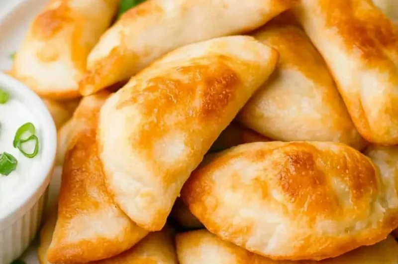 Crispy air fryer frozen pierogies served with sour cream and chives