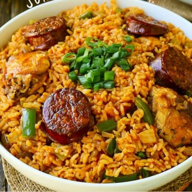 Delicious bowl of Authentic New Orleans Creole Jambalaya with shrimp and spices