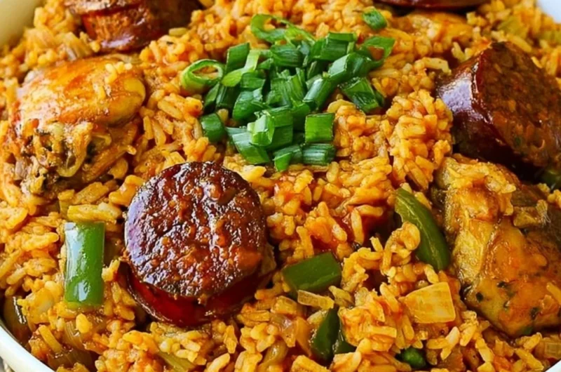 Delicious bowl of Authentic New Orleans Creole Jambalaya with shrimp and spices