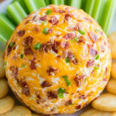 Delicious Bacon Ranch Cheeseball served on a platter with crackers