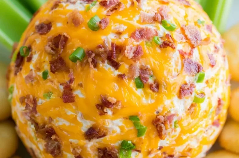 Delicious Bacon Ranch Cheeseball served on a platter with crackers