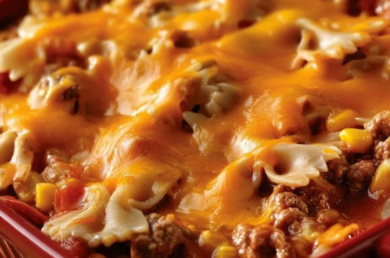 Cheddar Sloppy Joe Casserole topped with melted cheese in a baking dish