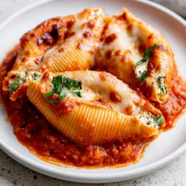 Cottage cheese stuffed shells filled with creamy cheese and topped with marinara sauce.