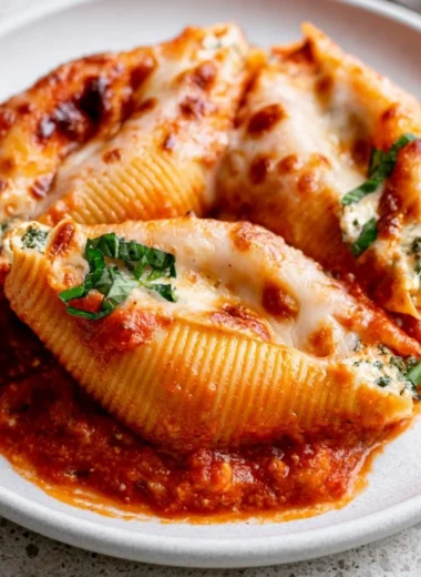Cottage cheese stuffed shells filled with creamy cheese and topped with marinara sauce.