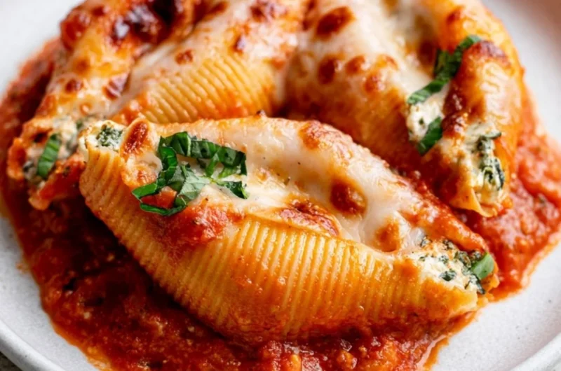 Cottage cheese stuffed shells filled with creamy cheese and topped with marinara sauce.