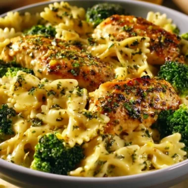 Cowboy Butter Lemon Bowtie Chicken served with broccoli in a delicious dish