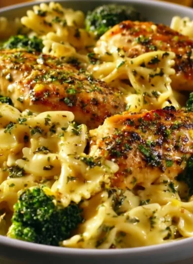 Cowboy Butter Lemon Bowtie Chicken served with broccoli in a delicious dish