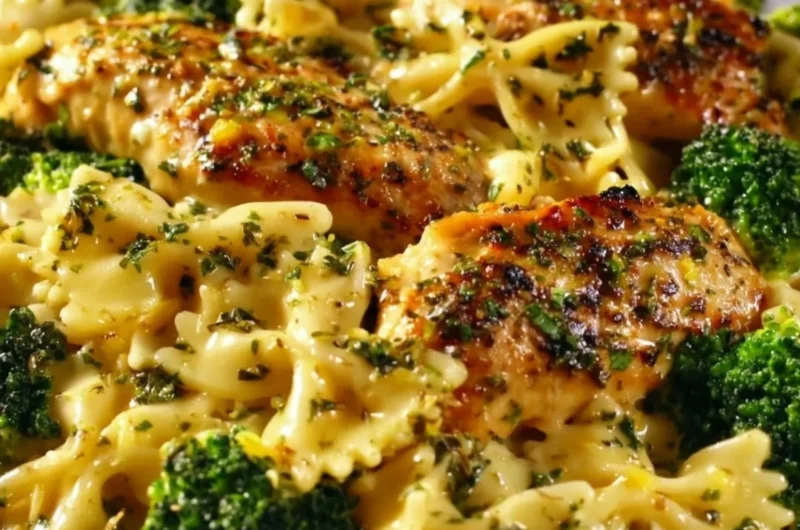 Cowboy Butter Lemon Bowtie Chicken served with broccoli in a delicious dish