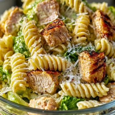 Delicious creamy chicken caesar pasta salad with fresh ingredients