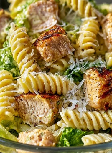Delicious creamy chicken caesar pasta salad with fresh ingredients