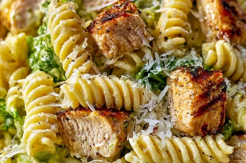 Delicious creamy chicken caesar pasta salad with fresh ingredients
