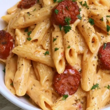 Delicious creamy kielbasa pasta dish served in a bowl