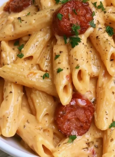 Delicious creamy kielbasa pasta dish served in a bowl