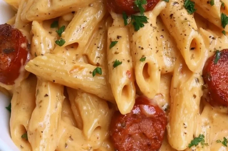Delicious creamy kielbasa pasta dish served in a bowl