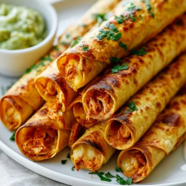 Crispy baked chicken taquitos on a plate, garnished with salsa and avocado.