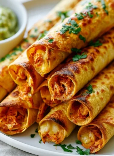 Crispy baked chicken taquitos on a plate, garnished with salsa and avocado.