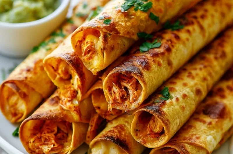 Crispy baked chicken taquitos on a plate, garnished with salsa and avocado.