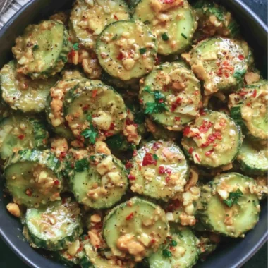 Cucumber salad topped with spicy peanut sauce and garnished with fresh herbs.
