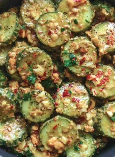 Cucumber salad topped with spicy peanut sauce and garnished with fresh herbs.