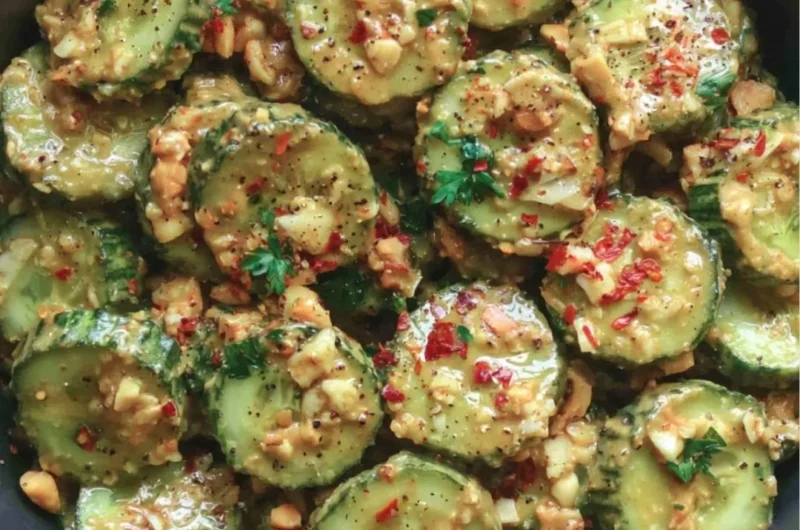 Cucumber salad topped with spicy peanut sauce and garnished with fresh herbs.