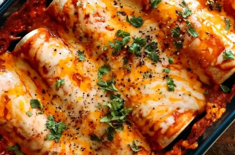 Delicious plate of easy bean and cheese enchiladas topped with cheese and fresh herbs.