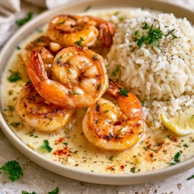 Delicious garlic butter shrimp served with rice in a one-pan dish.