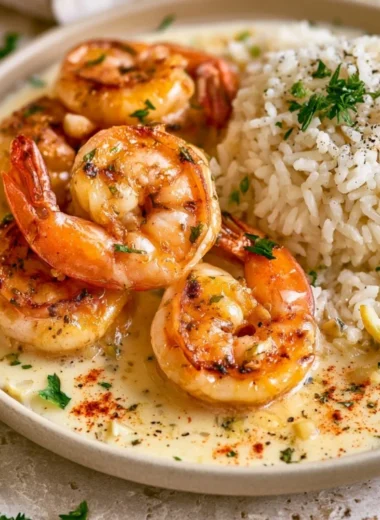 Delicious garlic butter shrimp served with rice in a one-pan dish.