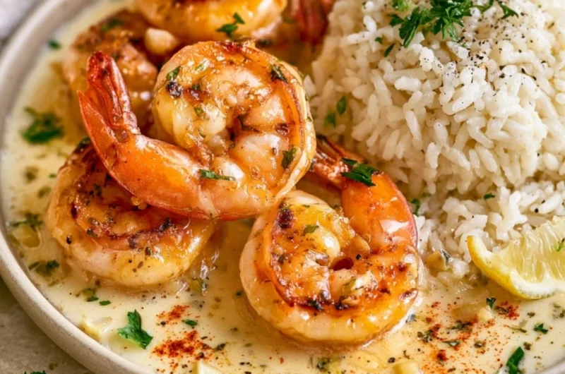 Delicious garlic butter shrimp served with rice in a one-pan dish.