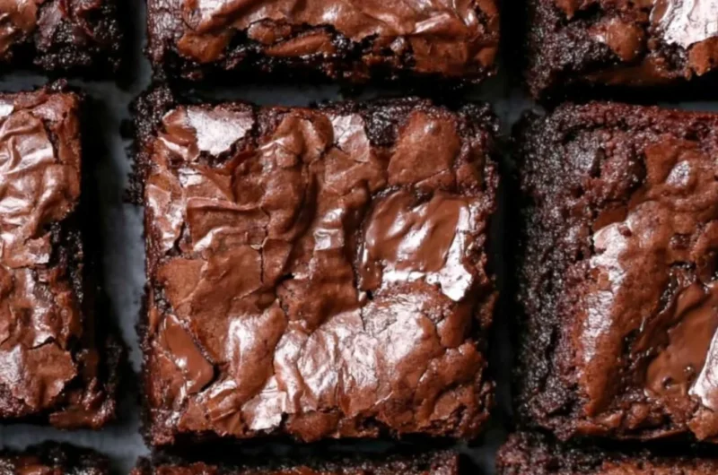 Fudgiest brownies topped with chocolate icing on a wooden table