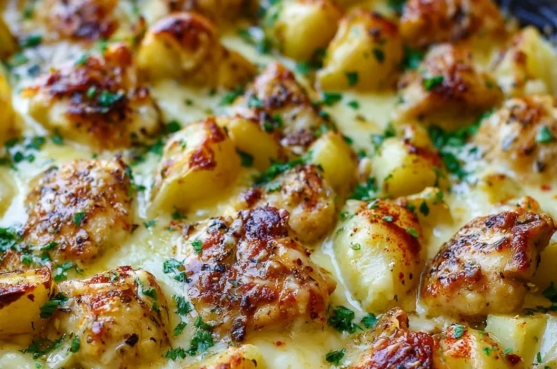 Delicious Garlic Parmesan Chicken with roasted potatoes served on a plate