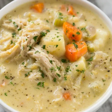 A bowl of healthy chicken pot pie soup with vegetables and herbs