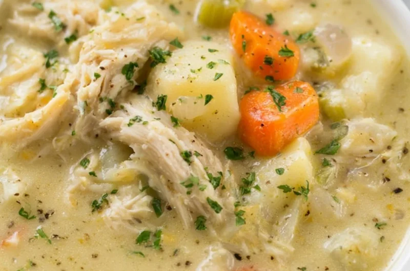 A bowl of healthy chicken pot pie soup with vegetables and herbs