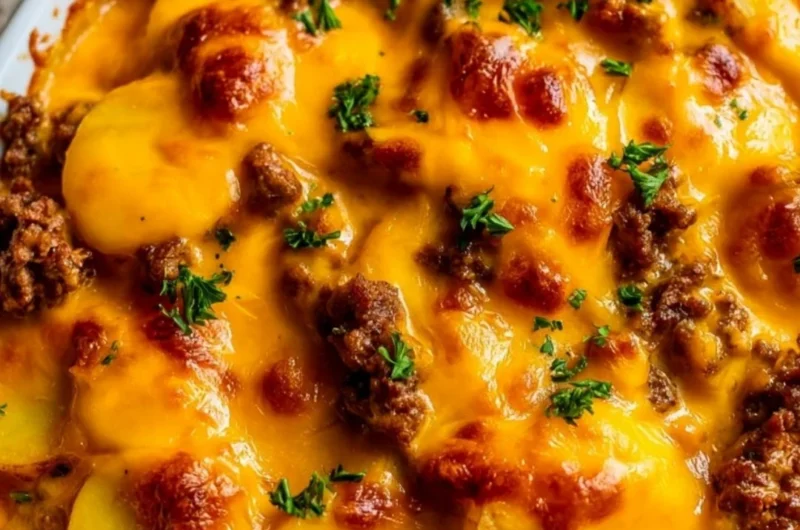 Delicious Hobo Casserole with ground beef, vegetables, and cheese baked to perfection.