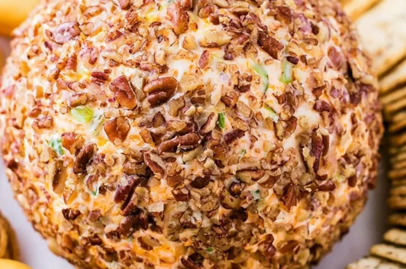 Delicious holiday cheese ball decorated for festive gatherings.