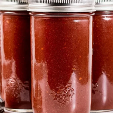 Homemade BBQ sauce in a jar with fresh ingredients around it