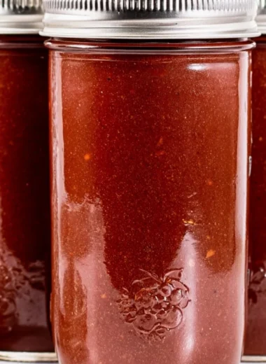 Homemade BBQ sauce in a jar with fresh ingredients around it
