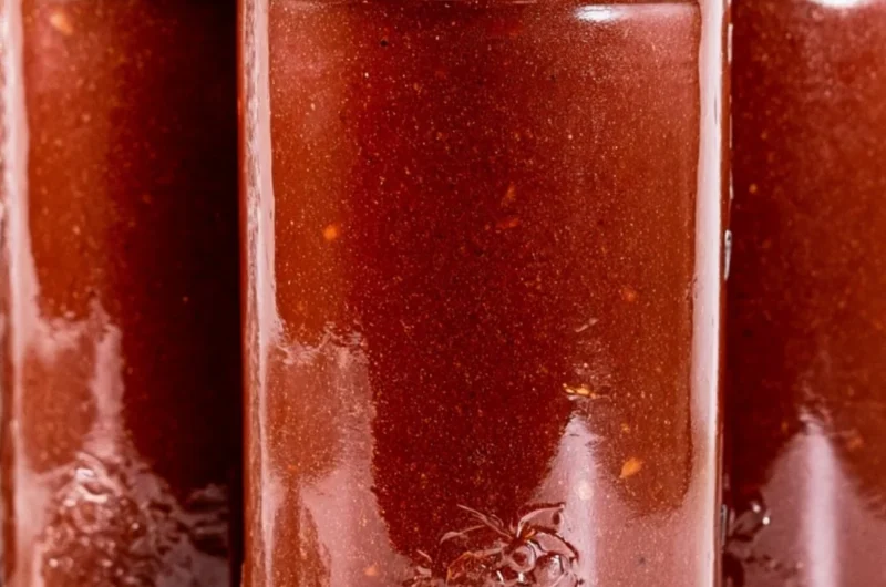 Homemade BBQ sauce in a jar with fresh ingredients around it