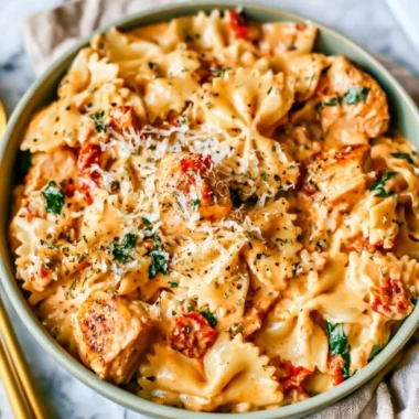 Creamy Marry Me Chicken Pasta topped with herbs and Parmesan cheese.
