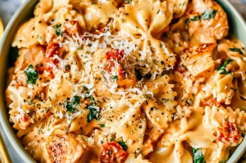 Creamy Marry Me Chicken Pasta topped with herbs and Parmesan cheese.
