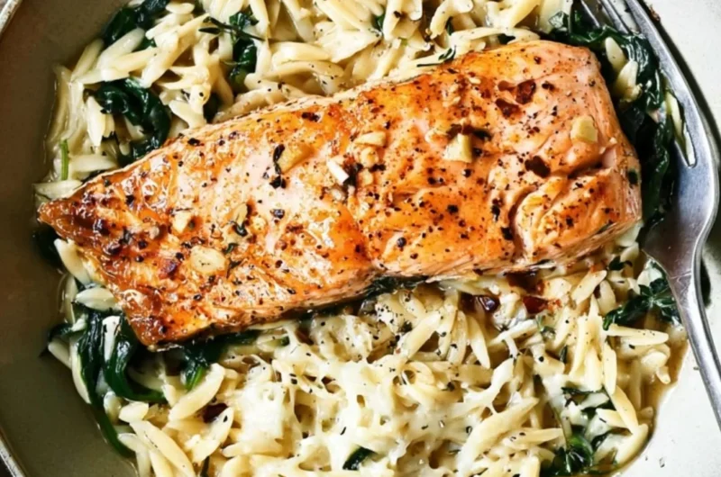 One Skillet Salmon dish served with Lemon Orzo on a plate