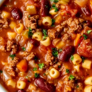 Bowl of Pasta and Beans with fresh herbs and vegetables