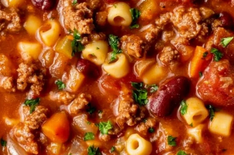 Bowl of Pasta and Beans with fresh herbs and vegetables