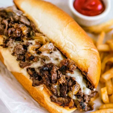 Delicious Philly Cheesesteak sandwich with melted cheese and tender beef