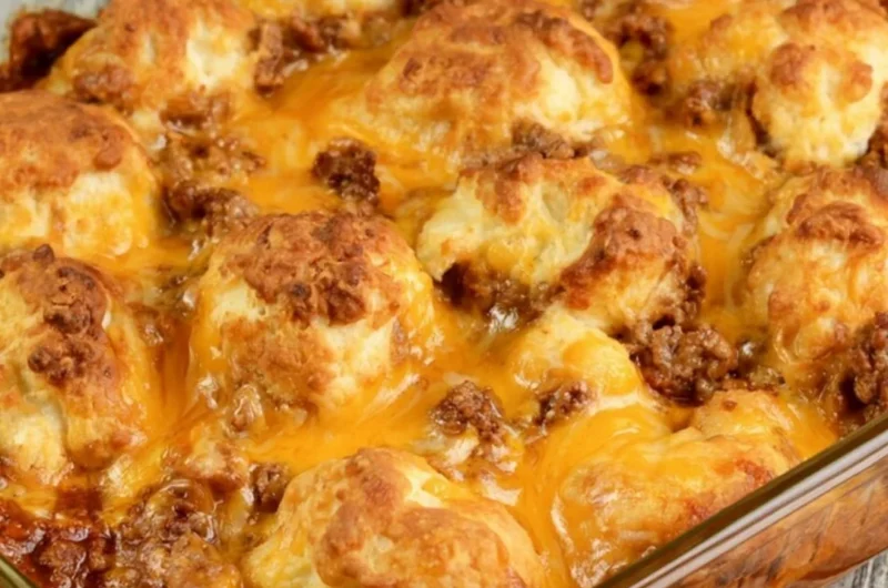 Casserole dish filled with Sloppy Joe Biscuit Casserole, topped golden brown.