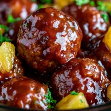 Slow cooker pineapple barbecue meatballs served on a plate