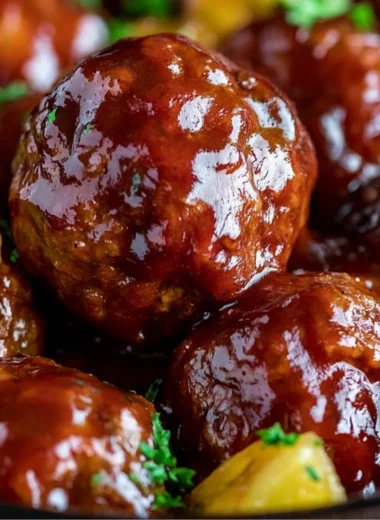 Slow cooker pineapple barbecue meatballs served on a plate