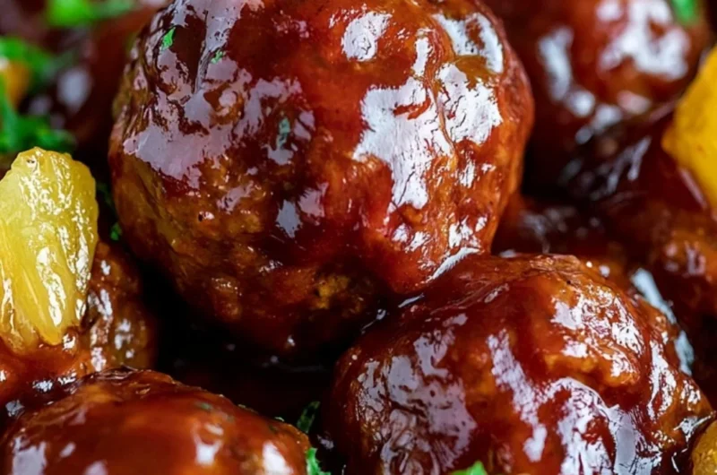 Slow cooker pineapple barbecue meatballs served on a plate