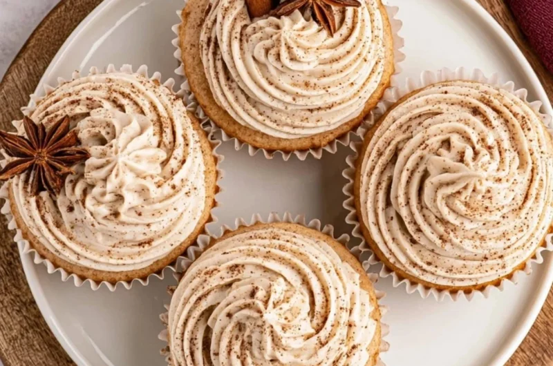 Spiced chai latte cupcakes topped with cream, perfect for fall baking and desserts.