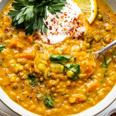 A bowl of turmeric lentil detox soup garnished with herbs, showcasing its vibrant color.