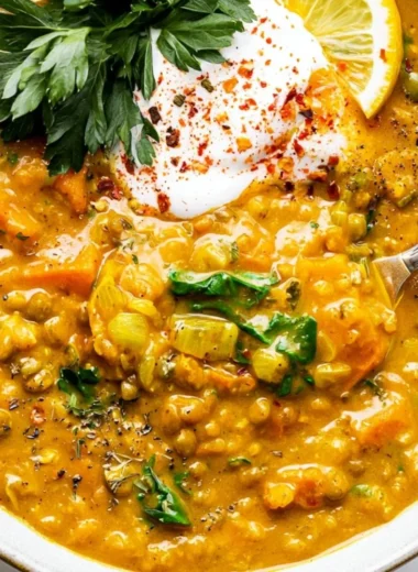 A bowl of turmeric lentil detox soup garnished with herbs, showcasing its vibrant color.